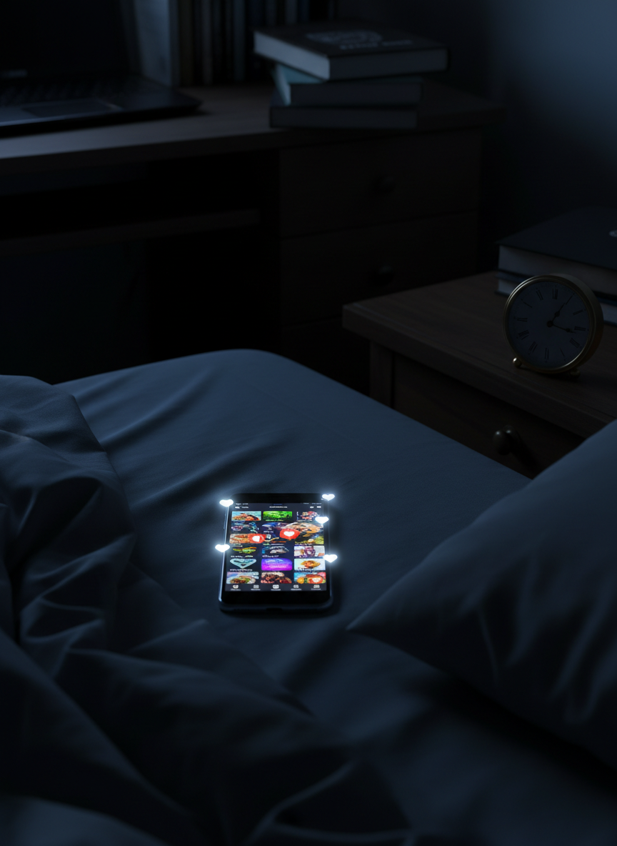 A smartphone lying face up on a rumpled navy-blue bedspread, displaying a social media feed filled with bright images and heart-shaped like icons, while a small analog clock on the bedside table shows a very late hour. The room is dim, illuminated only by the cold bluish glow from the phone screen, casting stark highlights on the fabric’s texture and long shadows across the pillow. In the background, a barely visible stack of school books sits untouched on a desk. Photographic realism, cinematic low-light style, slightly elevated angle, and a moody, introspective atmosphere highlight the tension between endless scrolling and much-needed rest.