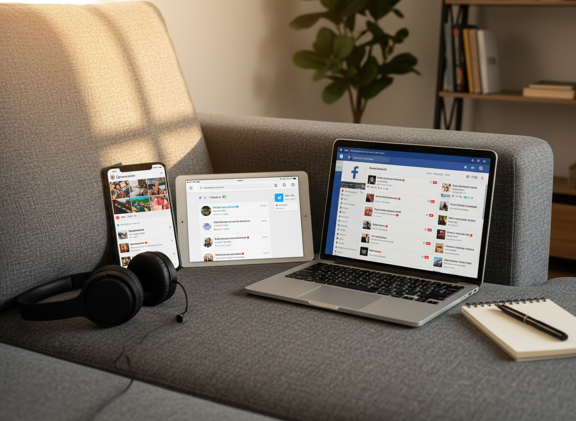 An arrangement of three devices—a smartphone, a tablet, and a laptop—spread across a cozy, textured gray couch, each screen displaying different social media platforms with vibrant posts, comment threads, and unread messages. A pair of wireless headphones rests unused beside them, and a small notepad with a pen lies open but blank on the armrest. Late afternoon light filters in from a nearby window, casting soft, diagonal beams and creating a gentle glow on the fabric and device edges. The background remains softly out of focus, suggesting a quiet living room. Photographic realism, slightly wide-angle eye-level shot, with an atmosphere that feels both comfortable and subtly overwhelming due to the digital clutter.