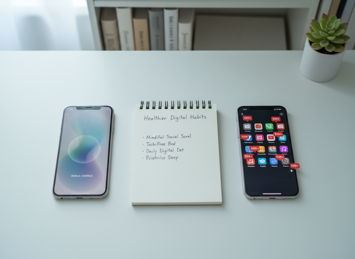 A minimalist white desk with two smartphones placed side by side: one showing an app with calming breathing exercises and a soft gradient interface, the other overflowing with flashing notification badges from multiple social platforms. Between them lies a simple spiral notebook open to a handwritten list titled “Healthier Digital Habits,” with bullet points partially visible. Cool, diffused daylight from an overcast window softly illuminates the scene, reducing harsh contrasts and creating a reflective gleam on the phone screens. The background is a blurred bookshelf with neutral-colored book spines and a small, nondescript plant. Photographic realism, top-down perspective, clean and modern aesthetic, conveying a hopeful, reflective mood about finding balance.