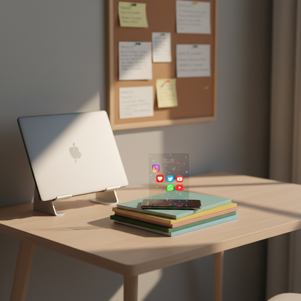A modern wooden study desk with a closed laptop, a neatly stacked pile of colorful notebooks, and a smartphone glowing with multiple social media notification icons on its lock screen. The desk sits in a quiet bedroom corner with muted gray walls and a large window just out of frame. Soft afternoon natural light washes across the desk surface, creating gentle reflections on the phone screen and subtle shadows behind the objects. The background is slightly blurred, with a corkboard holding anonymous notes and reminder cards. Photographic realism, eye-level composition, shallow depth of field, and a calm but slightly tense atmosphere suggest constant online noise intruding on a private, reflective space.