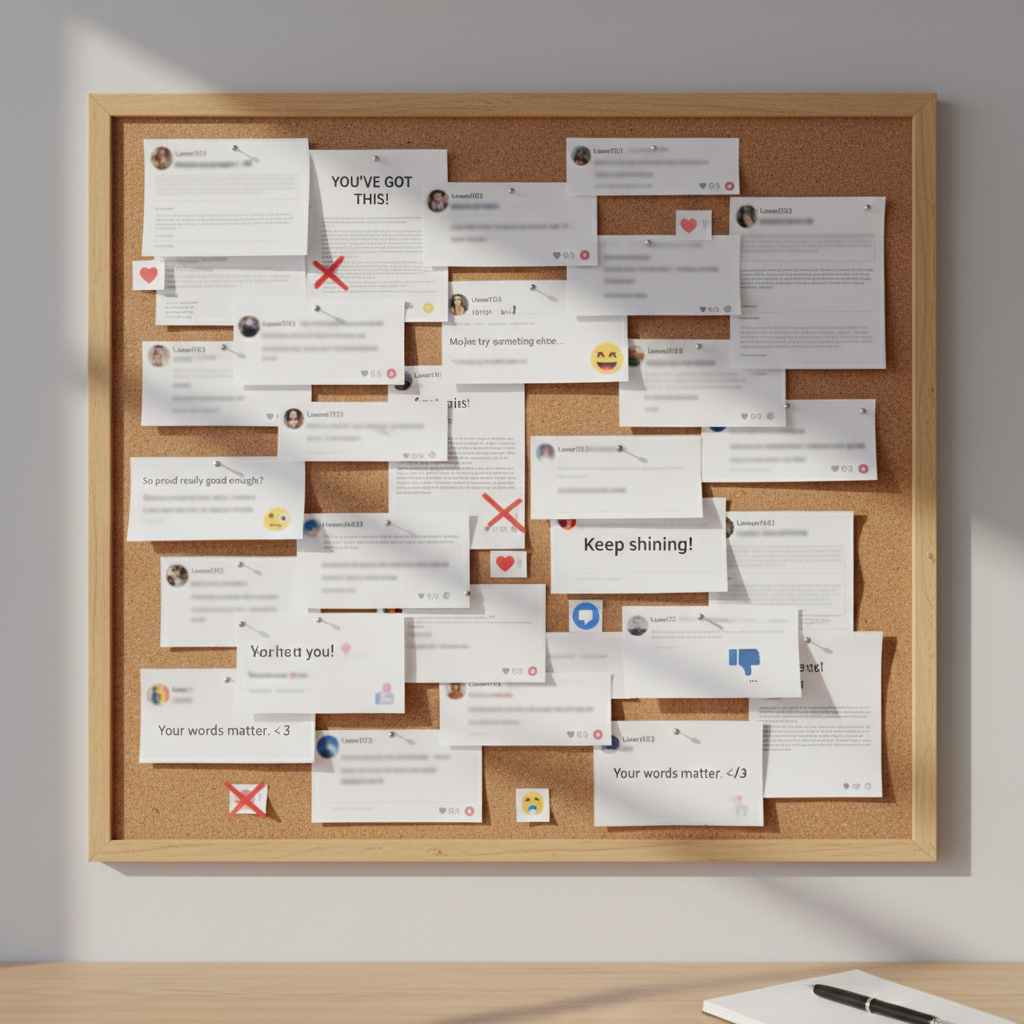 A close-up of a perfectly arranged bulletin board covered in printed anonymous social media posts, comments, and reaction icons, all pinned in overlapping layers. Some posts feature positive affirmations and supportive messages, while others include subtle negative phrases, all with usernames removed. The board hangs on a neutral wall in a quiet study space, with a simple desk edge just visible at the bottom of the frame. Soft, indirect natural light from a side window creates delicate shadows beneath each paper and pin, enhancing texture. Photographic realism, straight-on composition with sharp focus across the whole frame, and a thoughtful, analytical mood, inviting reflection on how mixed online feedback can impact self-esteem.